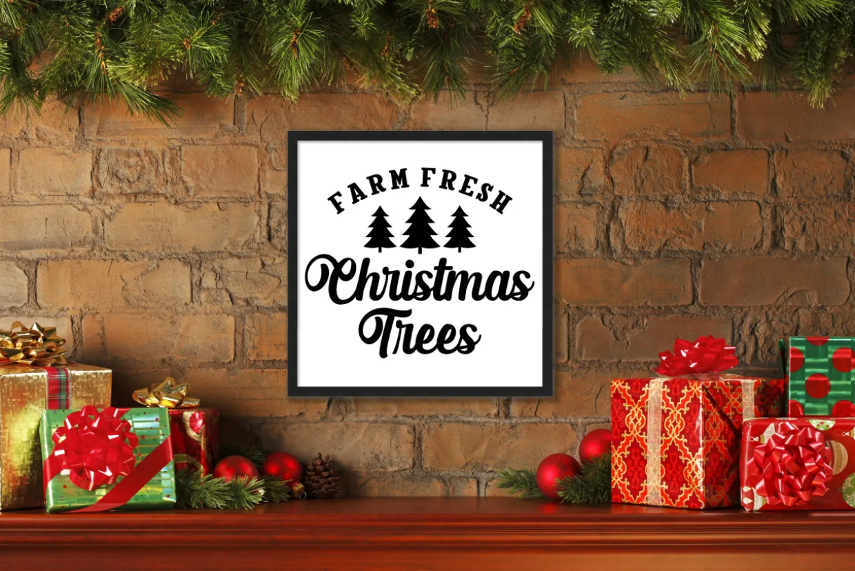 Black and White Christmas Trees 15.5" x 15.5" Framed Christmas Wall Decor Art Print Sign Poster in a Black Wooden Frame with UV Acrylic and Hangers