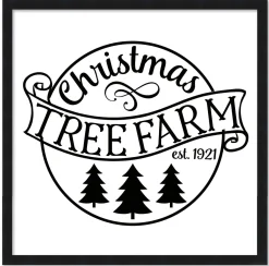 Black and White Christmas Tree Farm 15.5" x 15.5" Framed Christmas Wall Decor Sign Poster in a Black Wooden Frame with UV Acrylic and Hangers