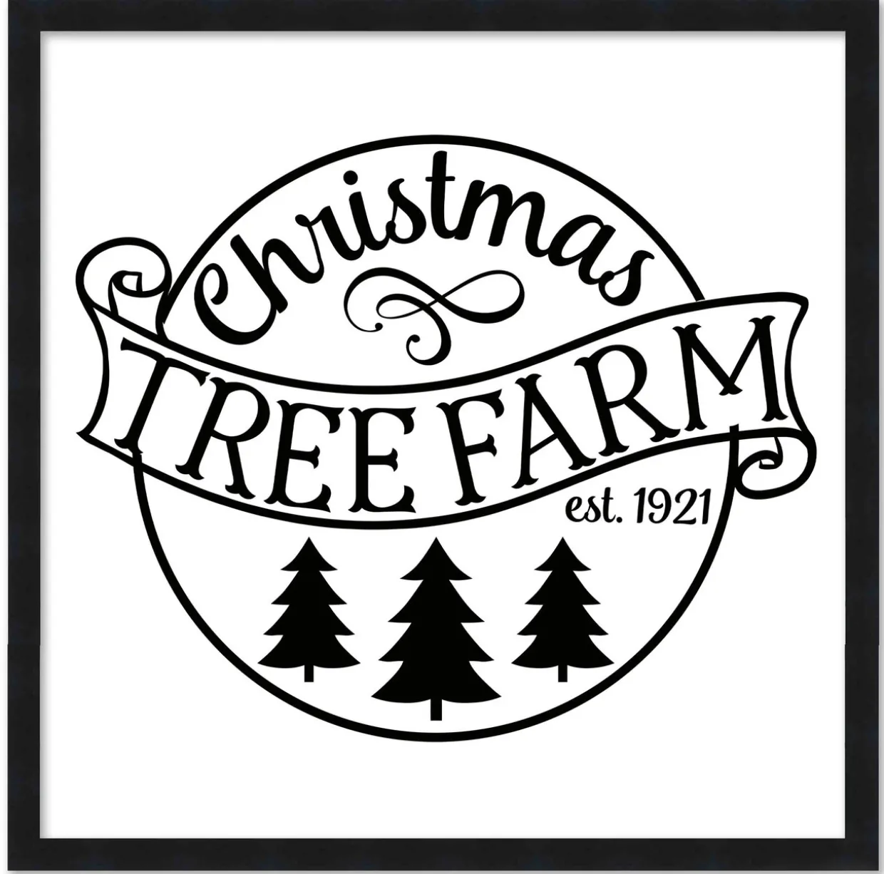 Black and White Christmas Tree Farm 15.5" x 15.5" Framed Christmas Wall Decor Sign Poster in a Black Wooden Frame with UV Acrylic and Hangers