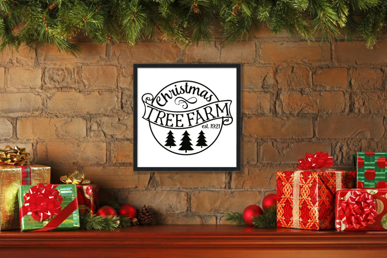Black and White Christmas Tree Farm 15.5" x 15.5" Framed Christmas Wall Decor Sign Poster in a Black Wooden Frame with UV Acrylic and Hangers