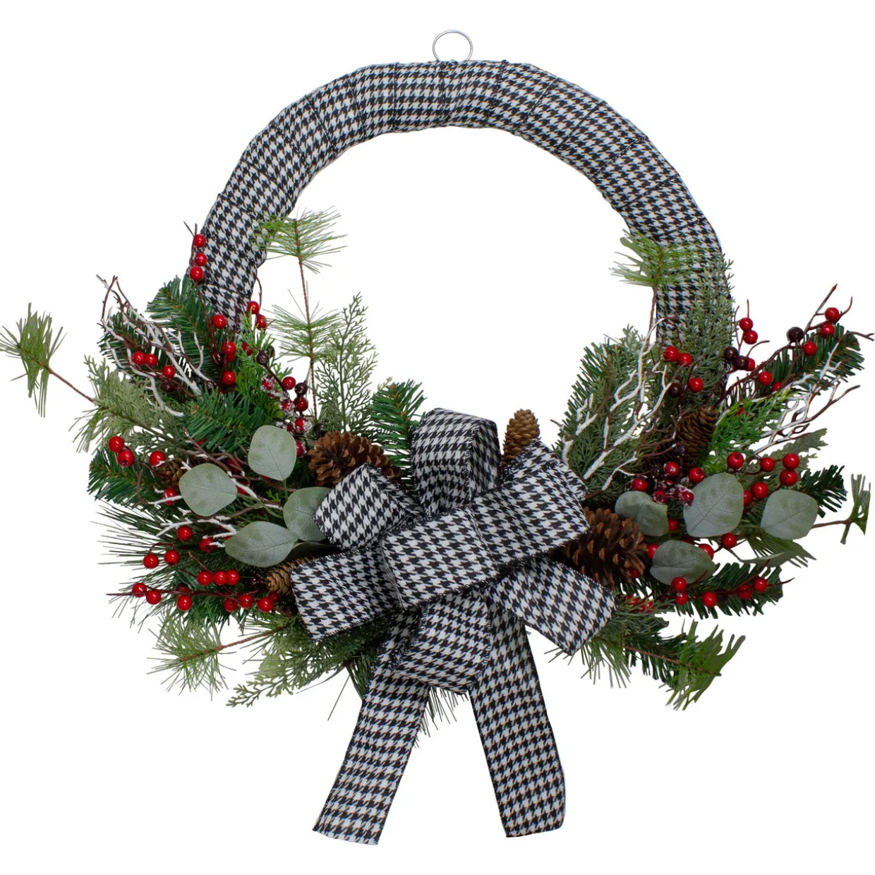 Black and White Houndstooth and Berry Artificial Christmas Wreath - 24-Inch, Unlit