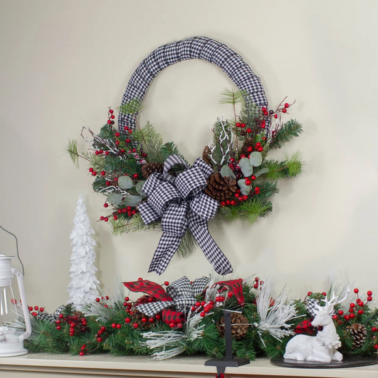 Black and White Houndstooth and Berry Artificial Christmas Wreath - 24-Inch, Unlit