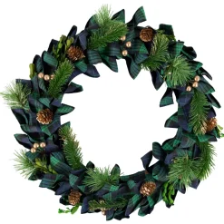 Blue and Green Plaid Bow Artificial Pine Christmas Wreath, 17.75-Inch, Unlit