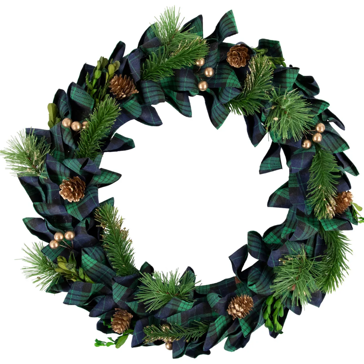 Blue and Green Plaid Bow Artificial Pine Christmas Wreath, 17.75-Inch, Unlit