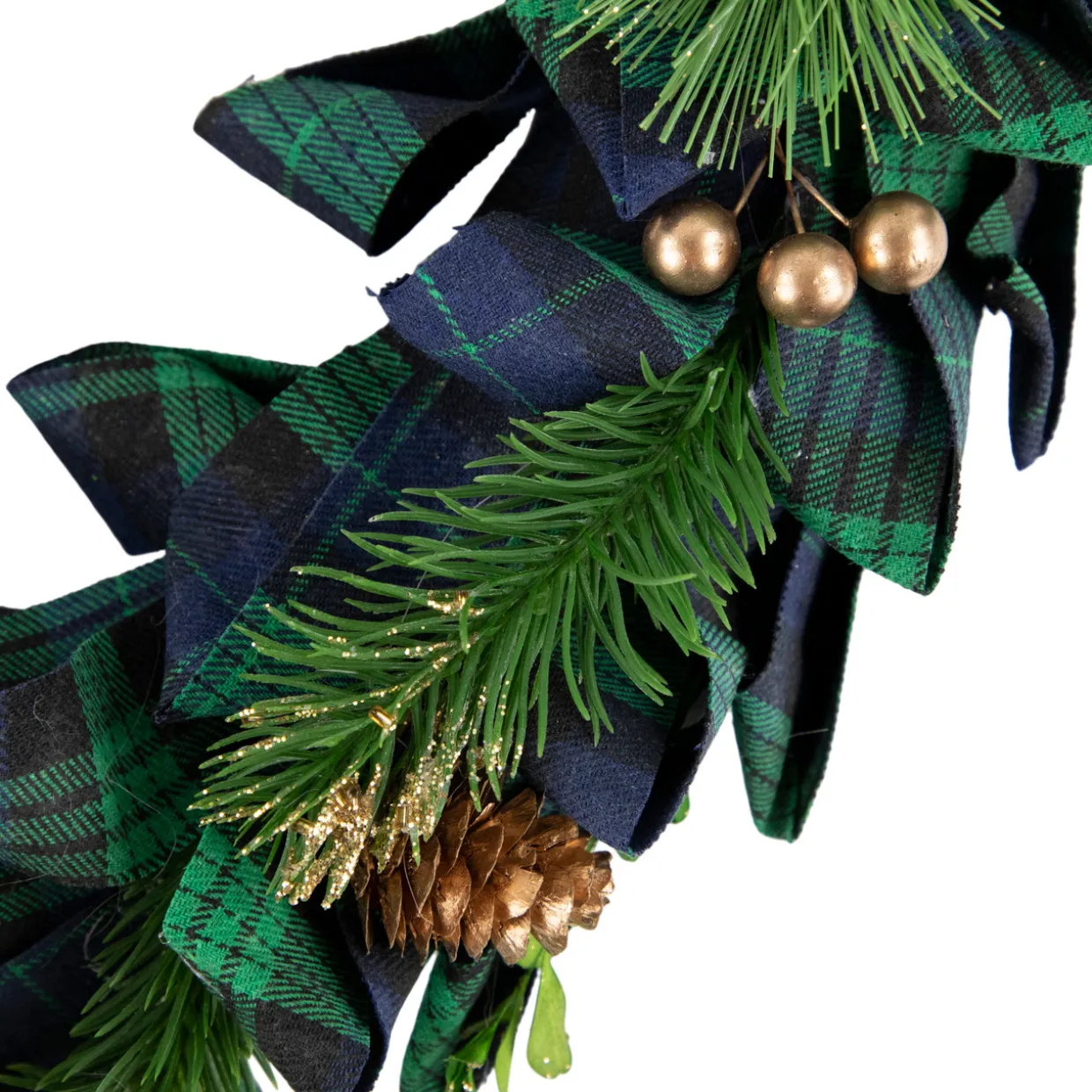 Blue and Green Plaid Bow Artificial Pine Christmas Wreath, 17.75-Inch, Unlit