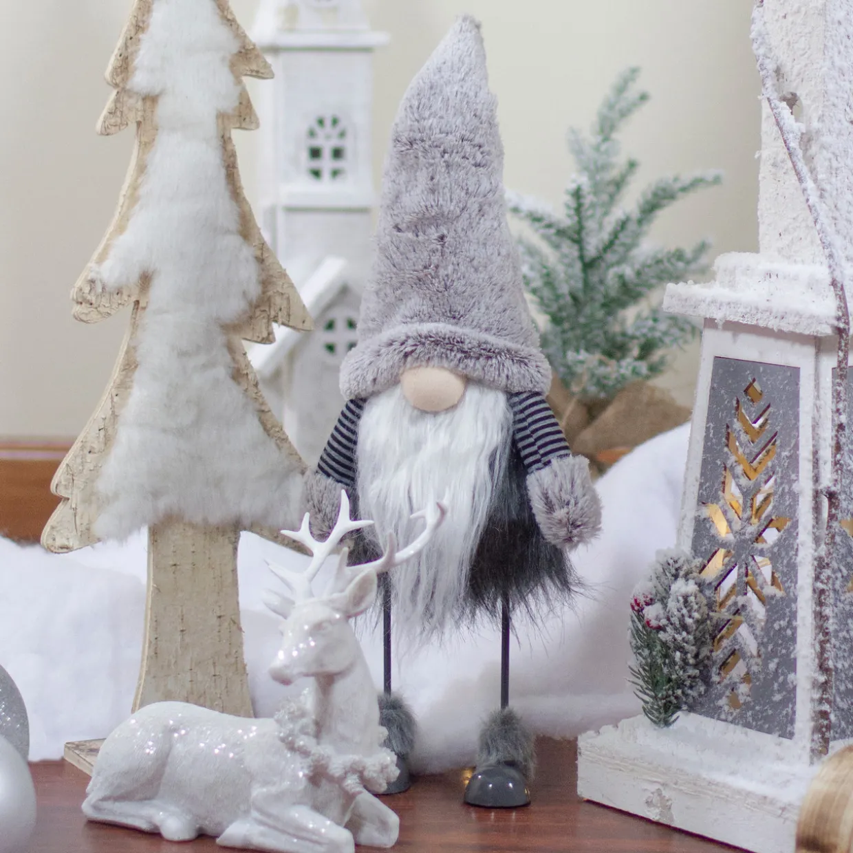 Bouncing Gnome with Shaggy Beard Christmas Figure - 17" - Gray and Black