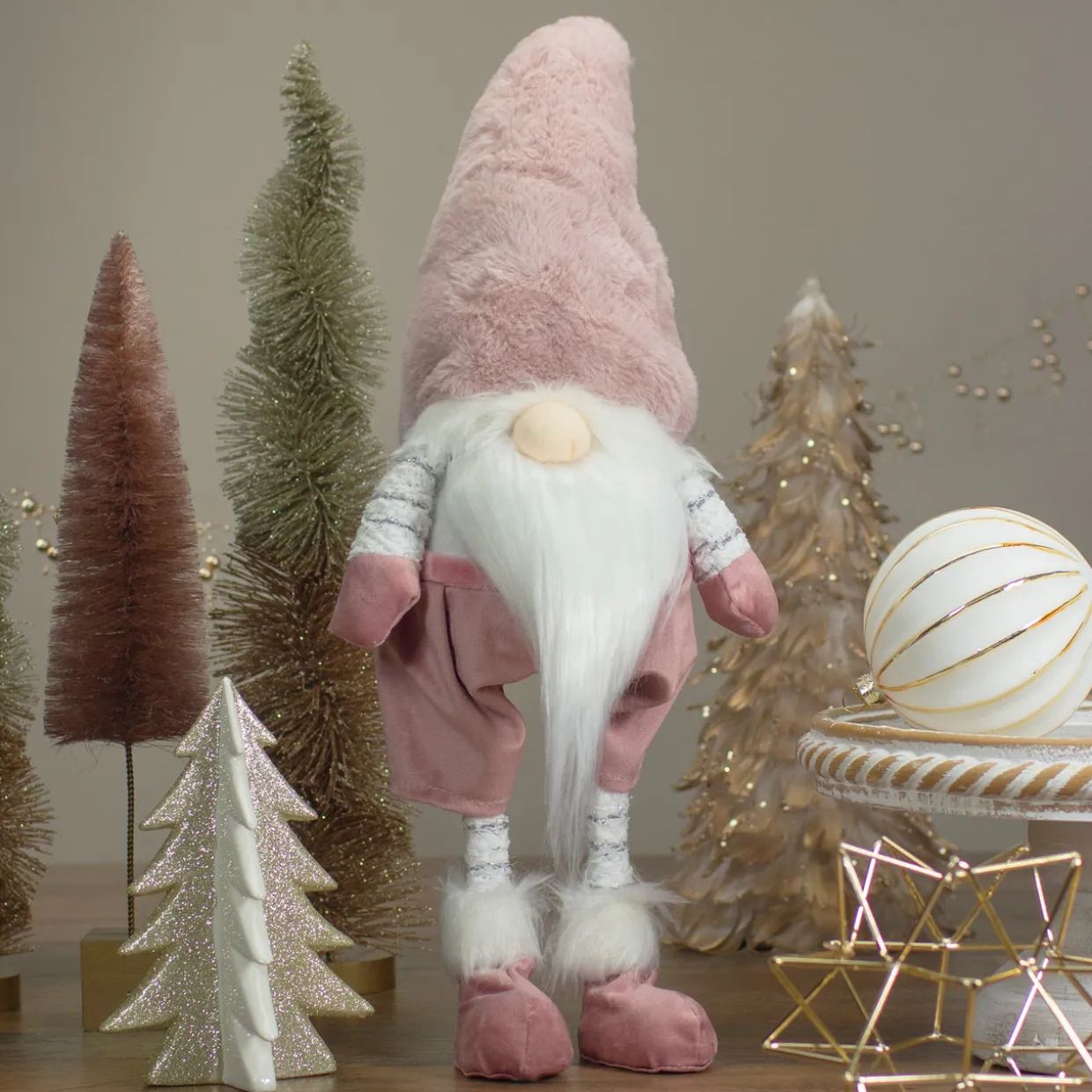 Bouncy Gnome Standing Christmas Figure Decoration - 20" - White and Pink