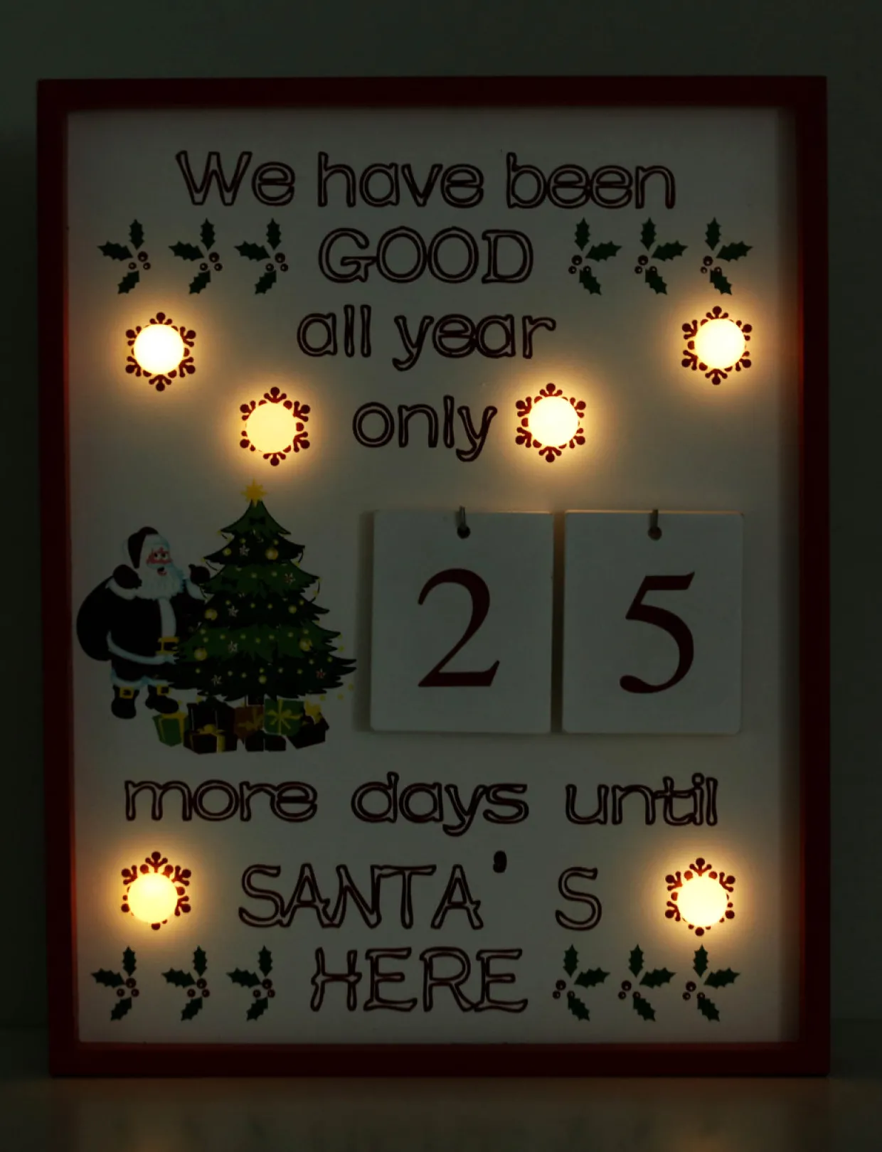 BRUBAKER Christmas Countdown Calendar - Wooden Board with Calendar Sheets - White with 6 LED Lights - 11 x 1.57 x 14 inches