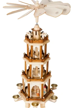 BRUBAKER Christmas Pyramid - 24 Inches - 4 Tier Carousel with 6 Candle Holders and Hand Painted Figurines - Designed in Germany