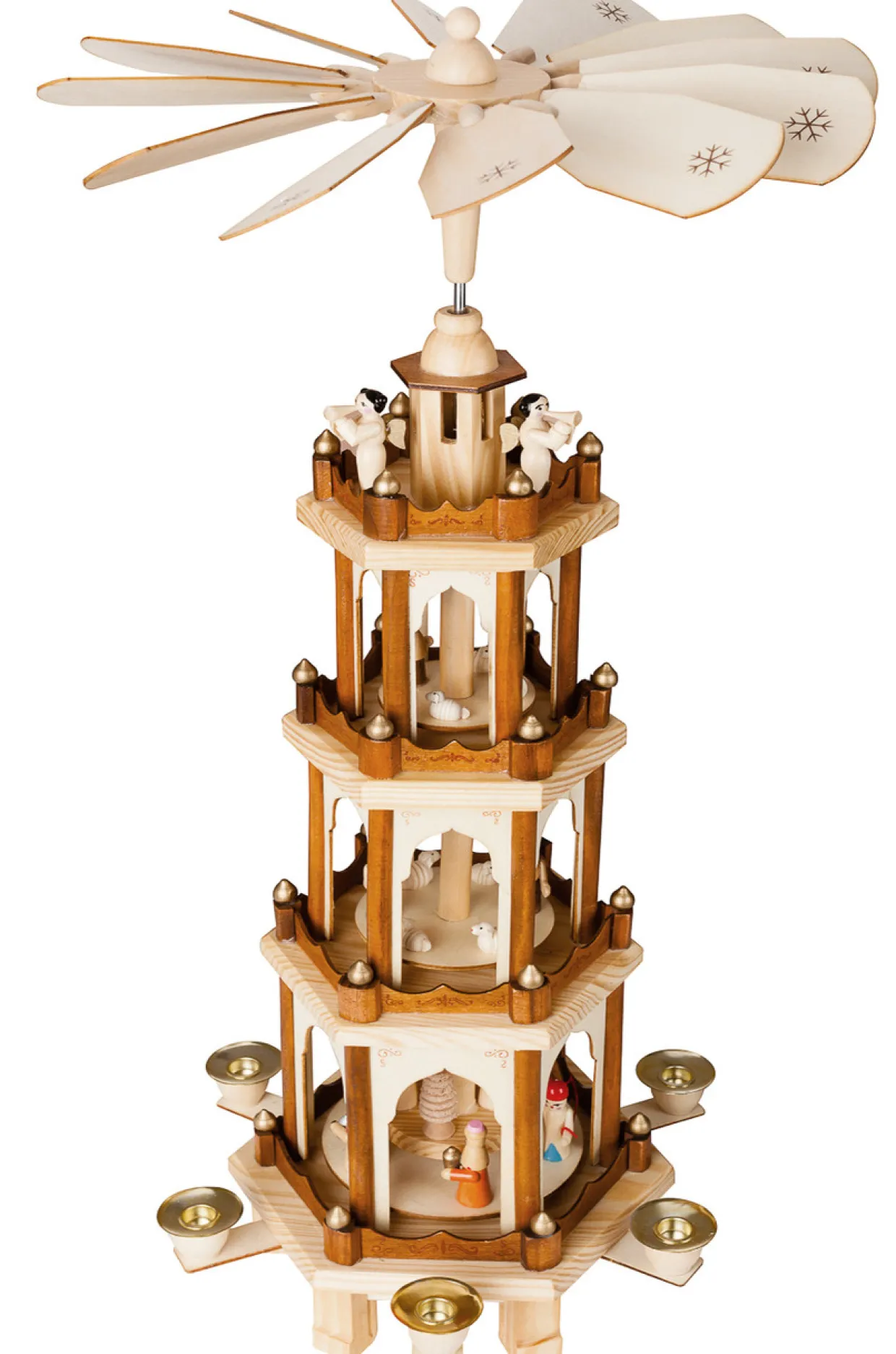 BRUBAKER Christmas Pyramid - 24 Inches - 4 Tier Carousel with 6 Candle Holders and Hand Painted Figurines - Designed in Germany