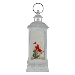 Brushed Christmas Cardinals Snow Globe Lantern - 11" - White and Silver