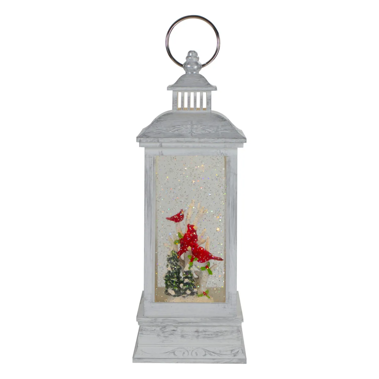 Brushed Christmas Cardinals Snow Globe Lantern - 11" - White and Silver