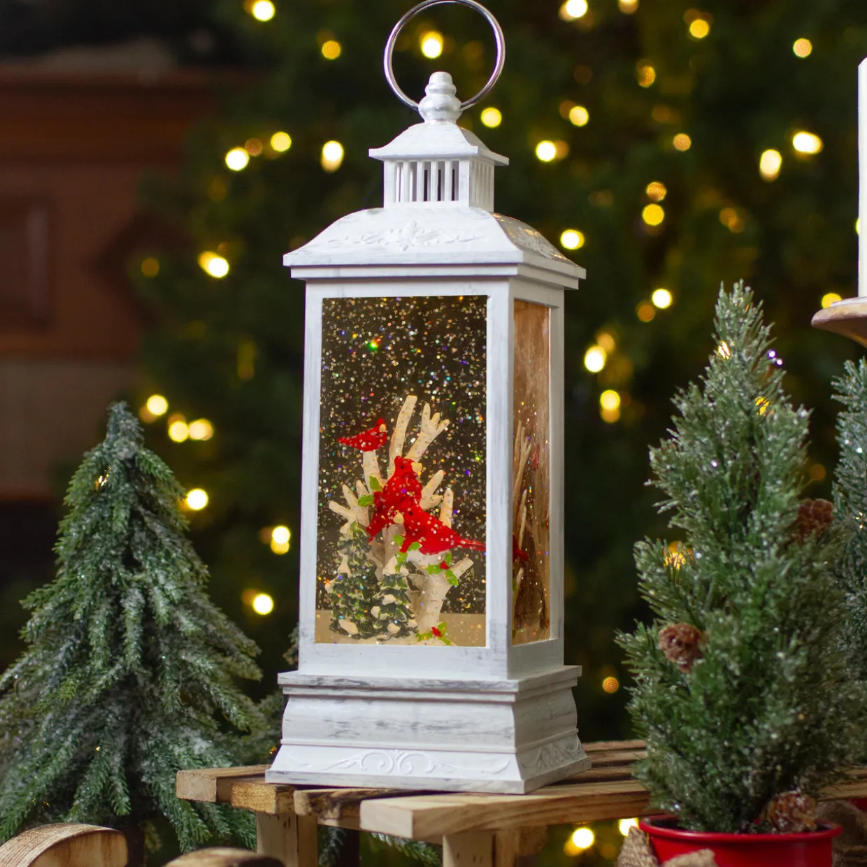 Brushed Christmas Cardinals Snow Globe Lantern - 11" - White and Silver