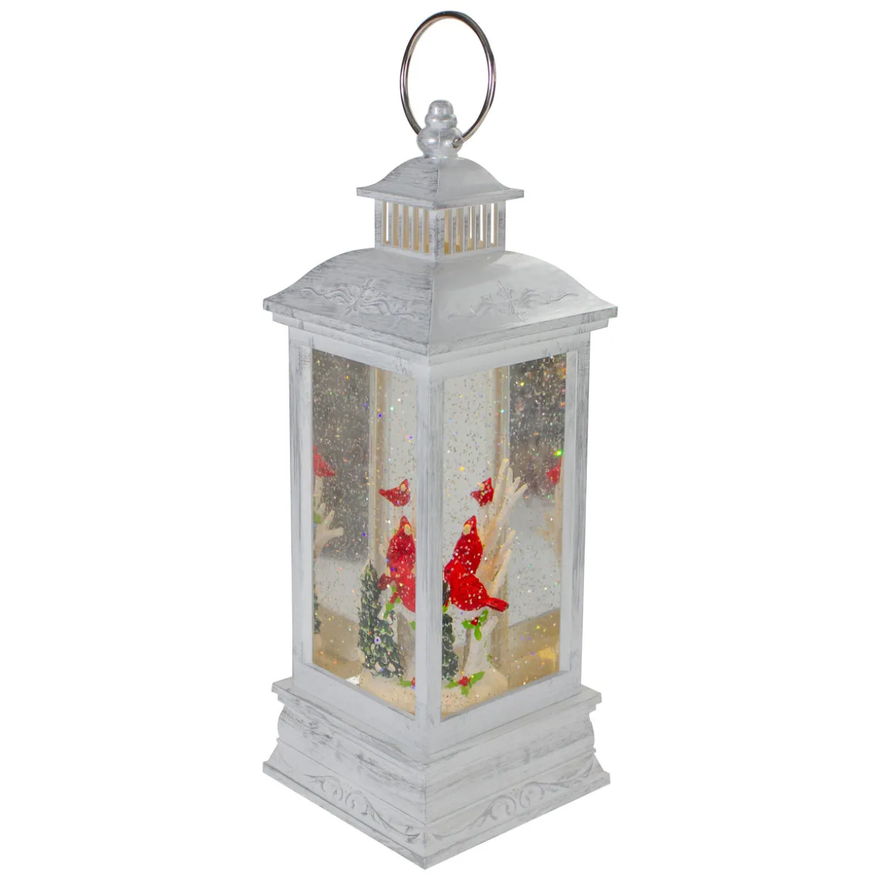 Brushed Christmas Cardinals Snow Globe Lantern - 11" - White and Silver