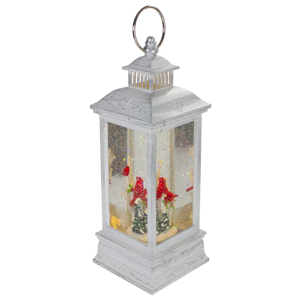 Brushed Christmas Cardinals Snow Globe Lantern - 11" - White and Silver