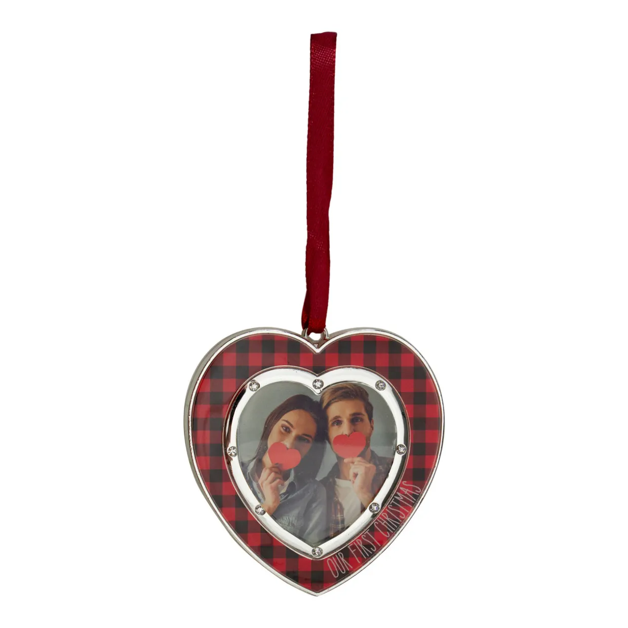 Buffalo Plaid Heart Shaped Picture Frame Christmas Ornament - 3" - Silver Finish