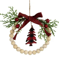 Buffalo Plaid Tree and Bow Wooden Beaded Christmas Wreath Ornament - 5.5"