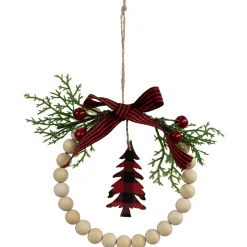 Buffalo Plaid Tree and Bow Wooden Beaded Christmas Wreath Ornament - 5.5