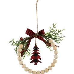 Buffalo Plaid Tree and Bow Wooden Beaded Christmas Wreath Ornament - 5.5