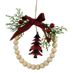 Buffalo Plaid Tree and Bow Wooden Beaded Christmas Wreath Ornament - 5.5
