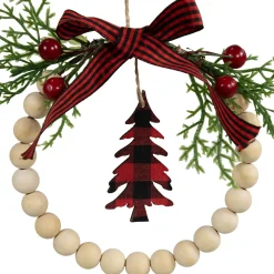 Buffalo Plaid Tree and Bow Wooden Beaded Christmas Wreath Ornament - 5.5