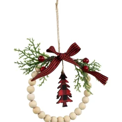 Buffalo Plaid Tree and Bow Wooden Beaded Christmas Wreath Ornament - 5.5
