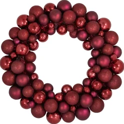 Burgundy 3-Finish Shatterproof Ball Christmas Wreath - 24", Unlit
