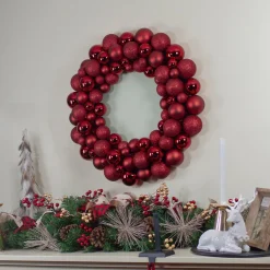 Burgundy 3-Finish Shatterproof Ball Christmas Wreath - 24", Unlit