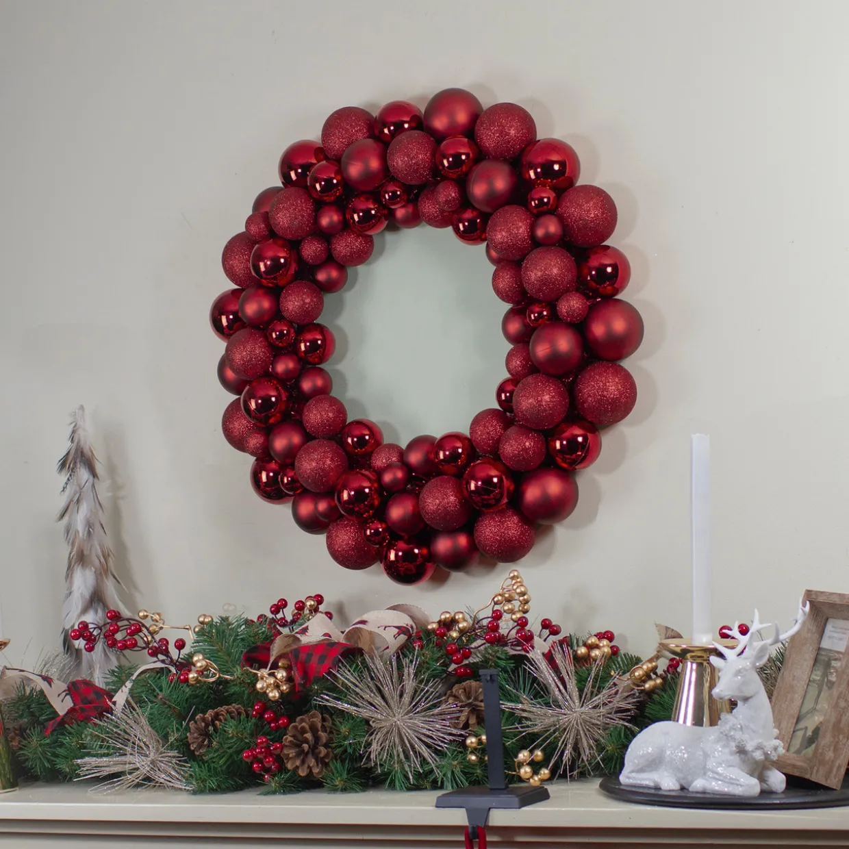 Burgundy 3-Finish Shatterproof Ball Christmas Wreath - 24", Unlit