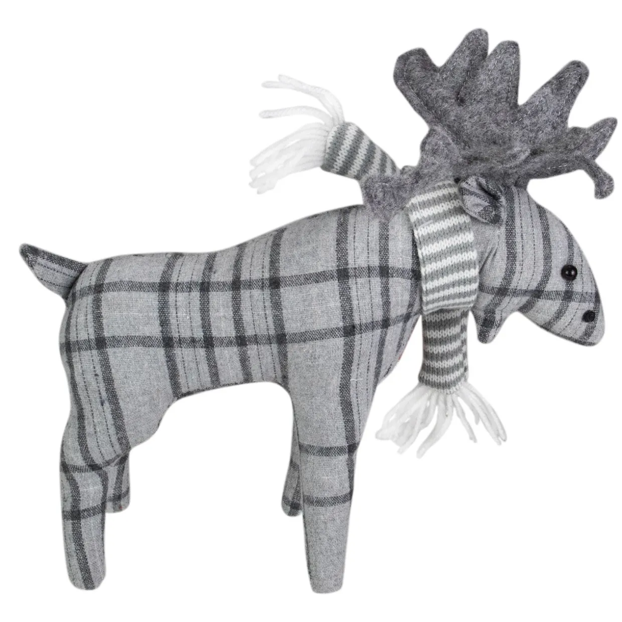Checkered Moose with Striped Scarf Christmas Figure - 10" - Gray
