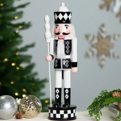 Checkered Nutcracker Soldier with Scepter Christmas Figure - 15" - Black and White