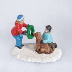 Children with Dog and Wreath Christmas Village Display Piece - 6"