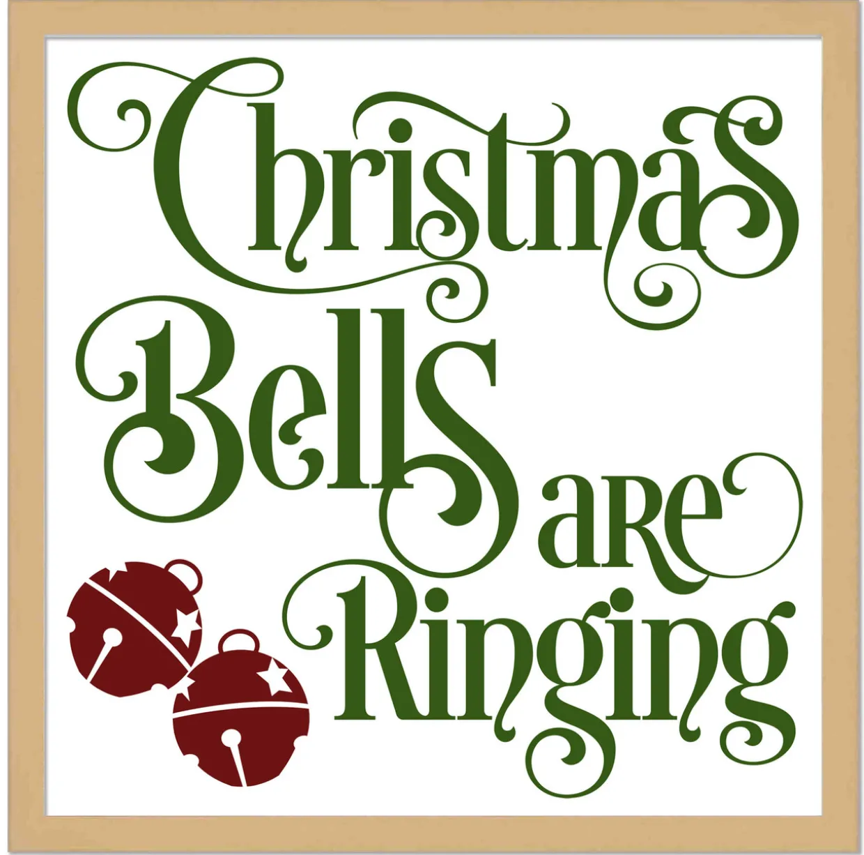 Christmas Bells are Ringing 9.5" x 9.5" Framed Christmas Wall Decor Art Print Sign Poster in a Natural Wooden Frame with UV Acrylic and Hangers