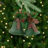 Christmas Bells with Pinecones and Plaid Bow Ornaments - 7" - Green - Set of 2