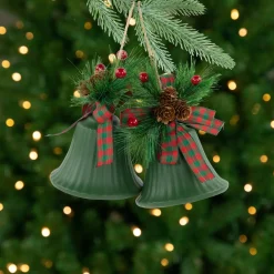 Christmas Bells with Pinecones and Plaid Bow Ornaments - 7" - Green - Set of 2