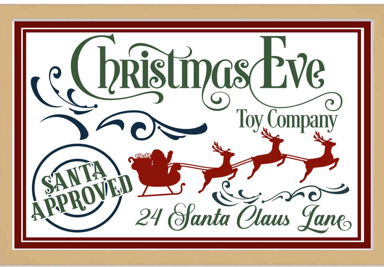 Christmas Eve Toy Company 16" x 23.5" Framed Christmas Wall Decor Art Print Sign Poster in a Natural Wooden Frame with UV Acrylic and Hangers