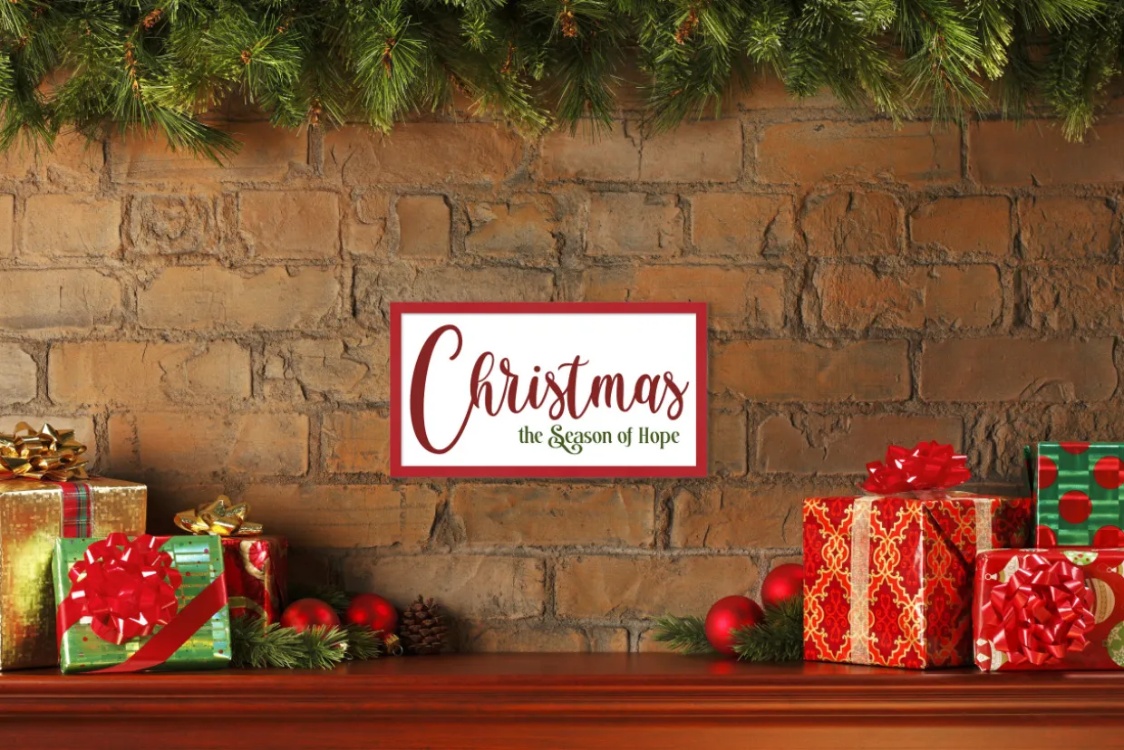 Christmas is the Season of Hope 9.5" x 17.5" Framed Christmas Wall Decor Art Print Sign Poster in a Red Wooden Frame with UV Acrylic and Hangers