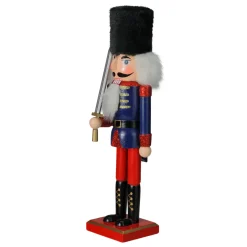 Christmas Nutcracker Soldier with Faux Fur Hat and Sword - 14" Red and Blue