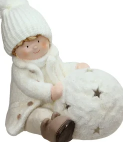 Christmas Snowball with Sitting Boy Tealight Candle Holder - 12.5" - White