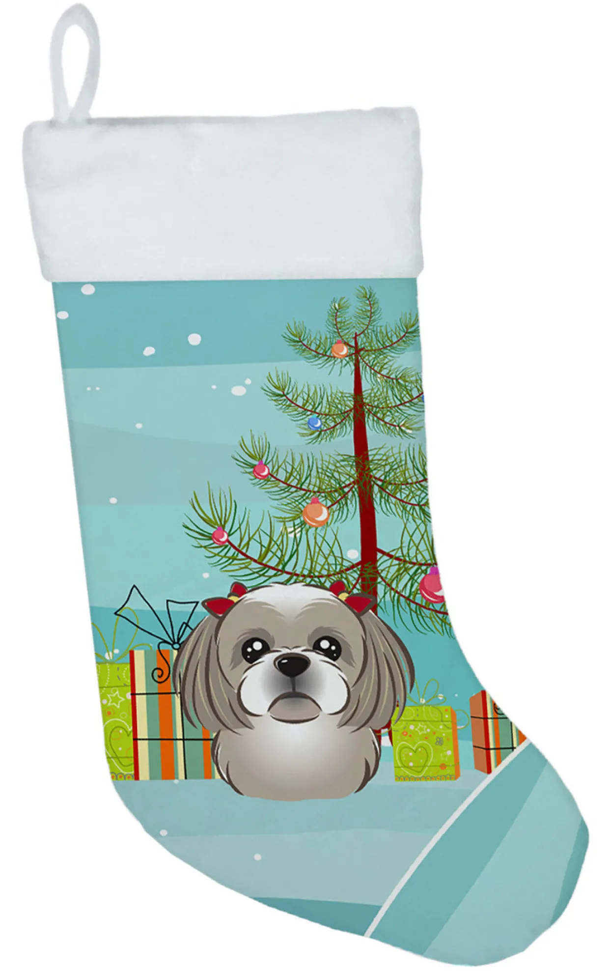 Christmas Tree and Gray Silver Shih Tzu Christmas Stocking BB1622CS