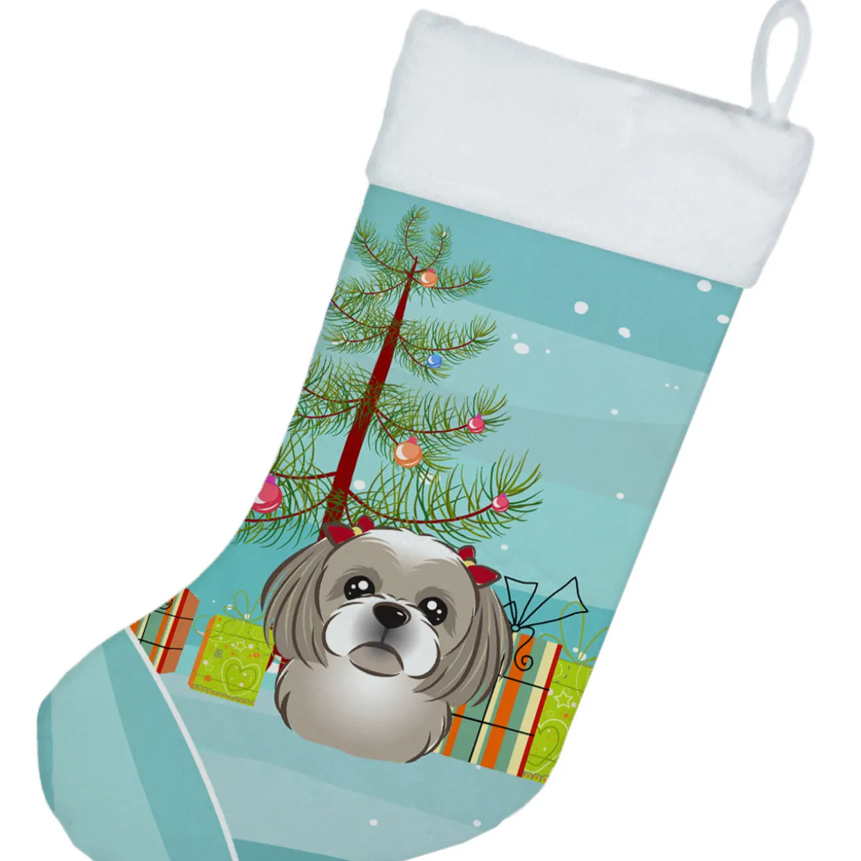 Christmas Tree and Gray Silver Shih Tzu Christmas Stocking BB1622CS