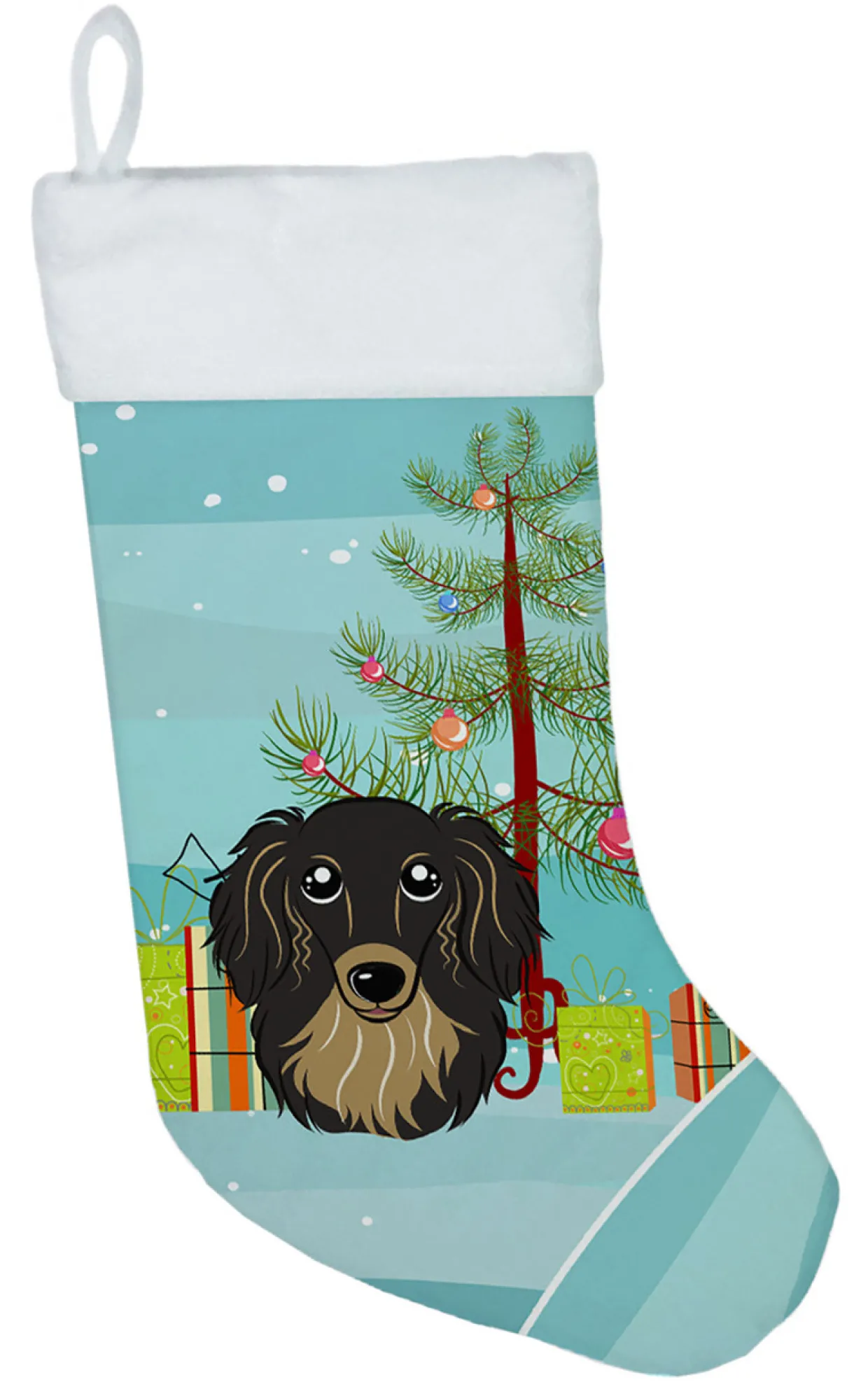 Christmas Tree and Longhair Black and Tan Dachshund Christmas Stocking BB1585CS