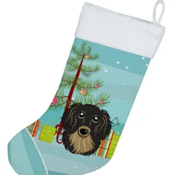Christmas Tree and Longhair Black and Tan Dachshund Christmas Stocking BB1585CS