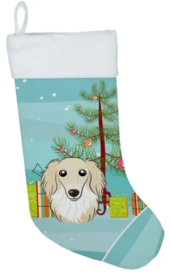 Christmas Tree and Longhair Creme Dachshund Christmas Stocking BB1584CS