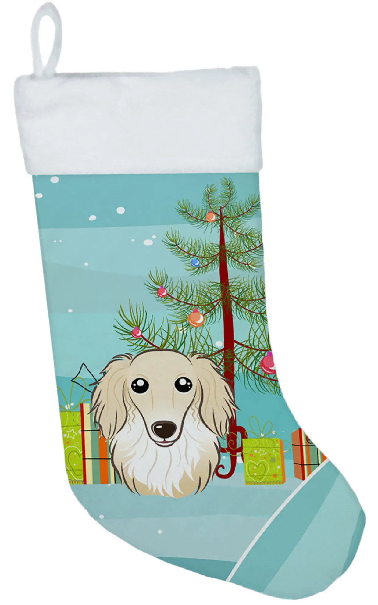 Christmas Tree and Longhair Creme Dachshund Christmas Stocking BB1584CS
