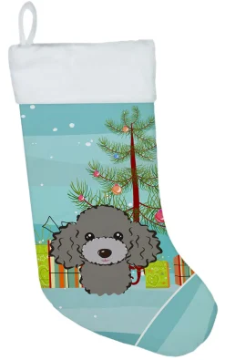 Christmas Tree and Silver Gray Poodle Christmas Stocking BB1631CS