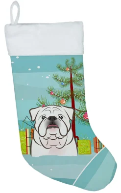 Christmas Tree and White English Bulldog Christmas Stocking BB1592CS