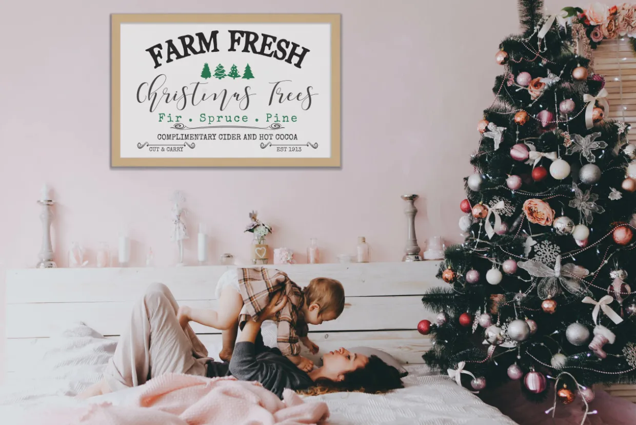Christmas Tree Farm Fresh 28.5" x 41.5" Framed Christmas Wall Decor Art Print Sign Poster in a Natural Wooden Frame with UV Acrylic and Hangers