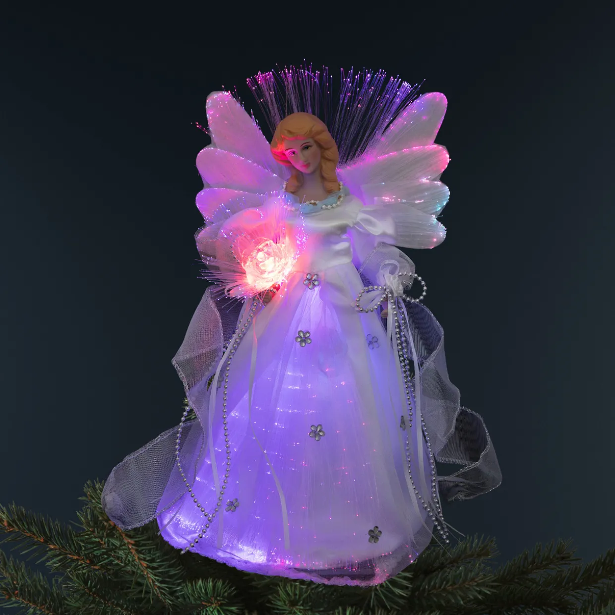 Color-changing Fiber Optic Angel with Rose Christmas Tree Topper - 12" - White