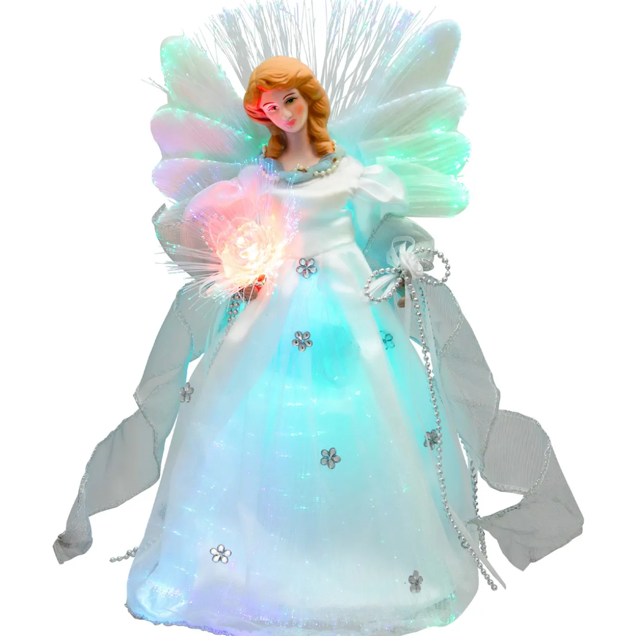 Color-changing Fiber Optic Angel with Rose Christmas Tree Topper - 12" - White